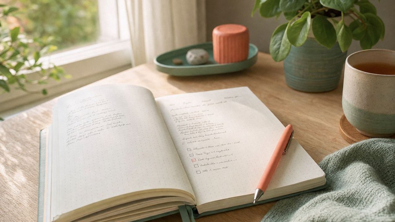 Aufgeschlagenes Notizbuch mit handschriftlichen Beobachtungen zur Alltagspsychologie auf einem Schreibtisch