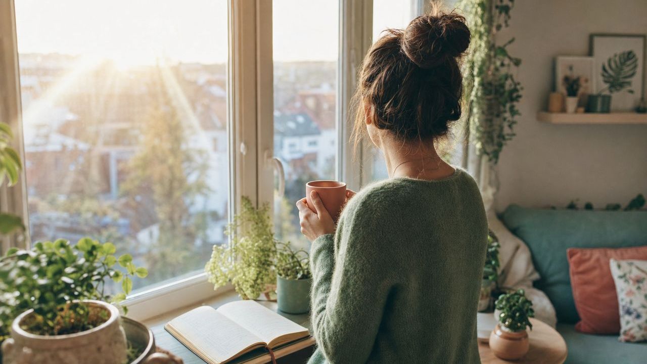 Aufgeschlagenes Notizbuch mit handgeschriebener Liste guter Momente, daneben Stift und Teetasse im Morgenlicht
