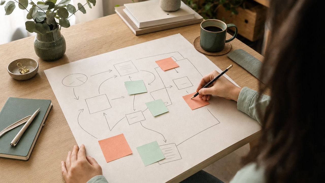 Aufgeschlagenes Notizbuch mit einer nummerierten Schrittliste, daneben Stift und Kaffeetasse auf einem Holztisch
