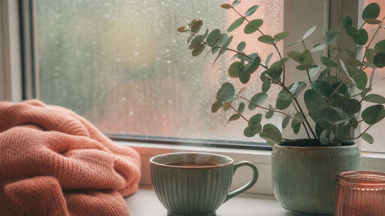 Dampfende Teetasse neben einem Notizbuch mit notierten Atemübungen am Fenster